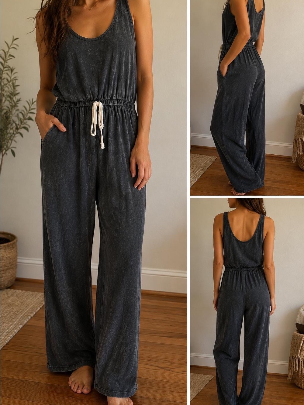 Caution To The Wind Washed Charcoal Gray Sleeveless Jumpsuit with Drawstring